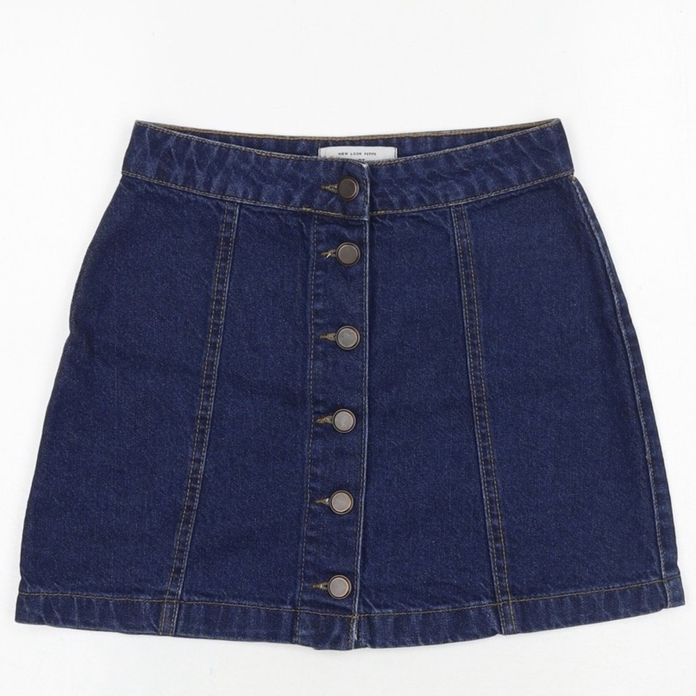 Dark Blue Button-Front Mini Denim Skirt